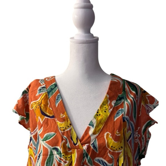 Rachel Roy Plus Size 1X Orange Floral Print V-Neck Blouse Top Linen - Picture 2 of 6